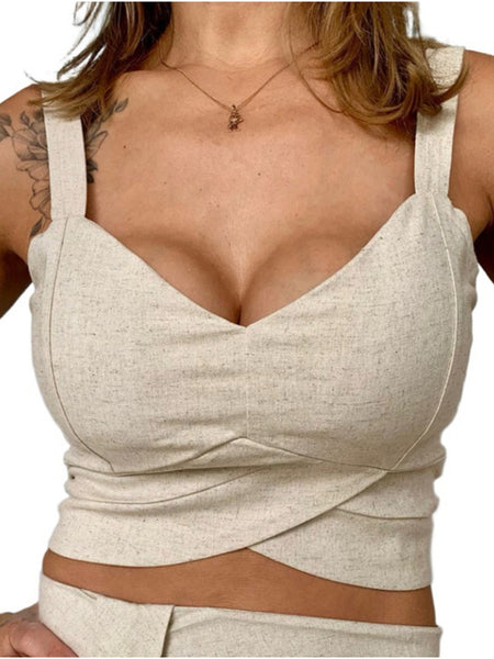 Cropped Elegante Tecido Linho Com Bojo E Zíper