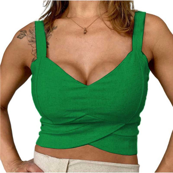 Cropped Elegante Tecido Linho Com Bojo E Zíper