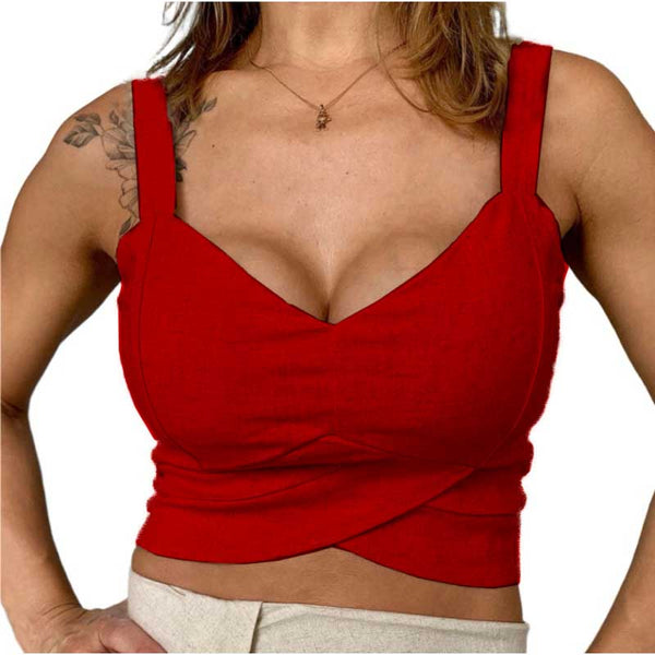 Cropped Elegante Tecido Linho Com Bojo E Zíper