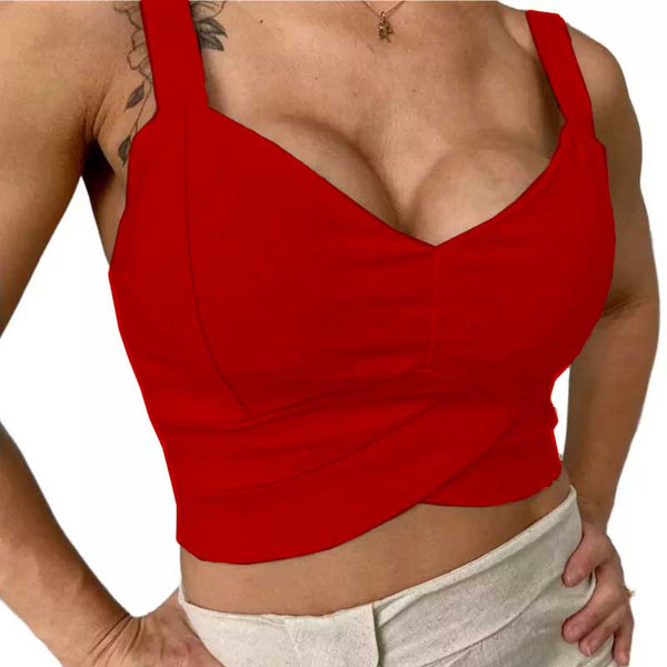 Cropped Elegante Tecido Linho Com Bojo E Zíper