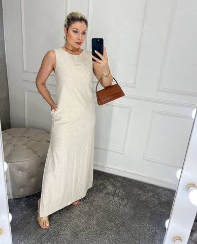 Vestido Longo em Linho com Zíper