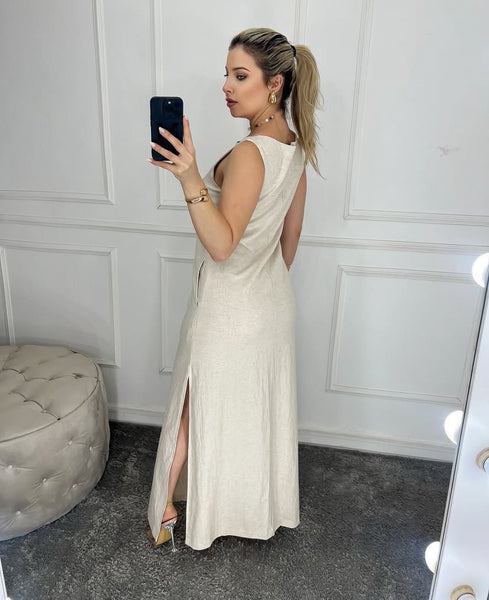 Vestido Longo em Linho com Zíper