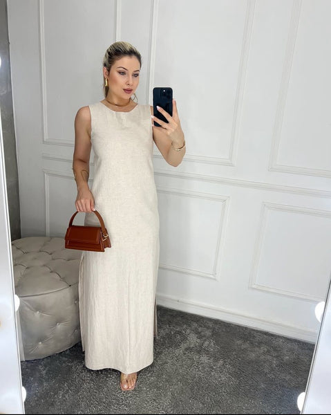 Vestido Longo em Linho com Zíper