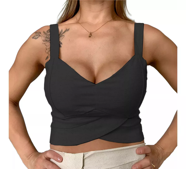 Cropped Elegante Tecido Linho Com Bojo E Zíper