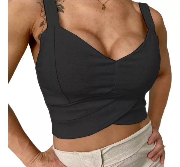 Cropped Elegante Tecido Linho Com Bojo E Zíper