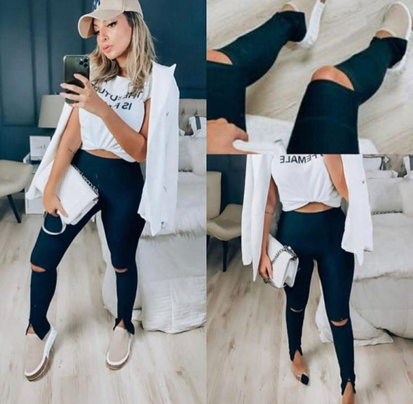 Calça Bandagem Skinny com fenda e zíper